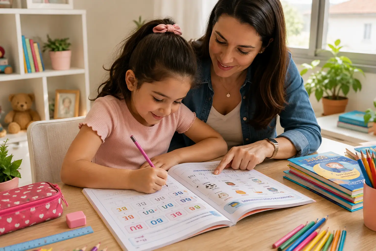 Mãe e filha estudando